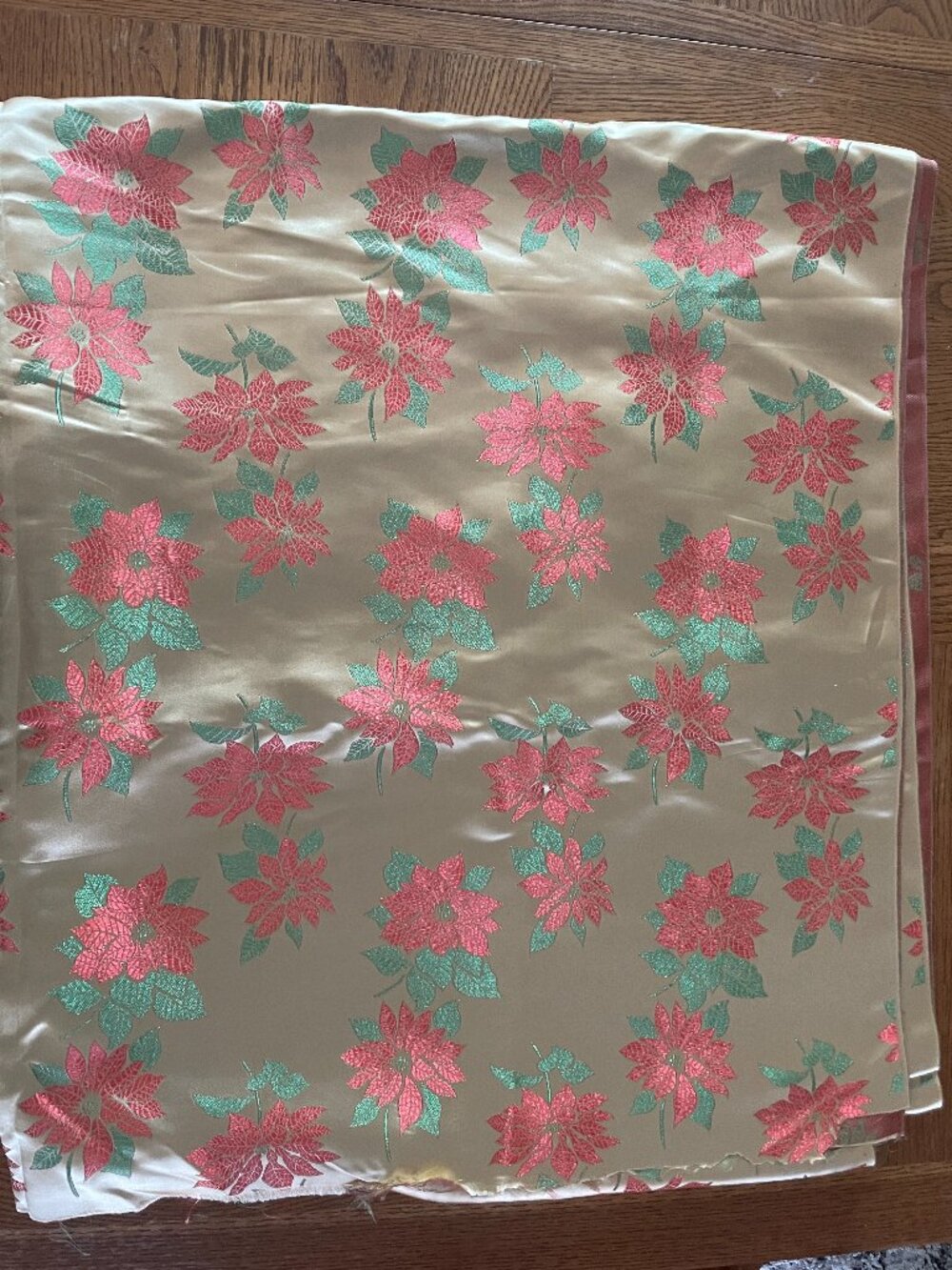 Vintage Poinsettia Satin Brocade Fabric 6 Yards Metallic Gold Red Green
